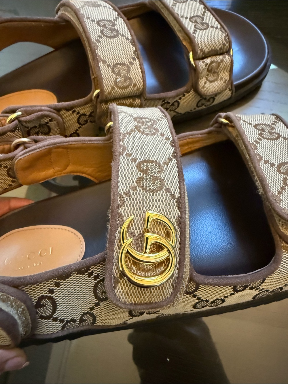 Gucci Brown Beige GG Canvas Sandals with Gold Double-G Accent - Picture 6 of 9